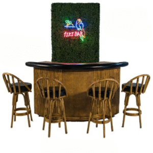 Tiki bar rental with thatched roof and bamboo design for tropical and luau-themed events