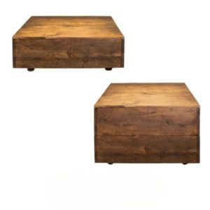 Sunset coffee table rental with warm wood finish for wedding lounges and events