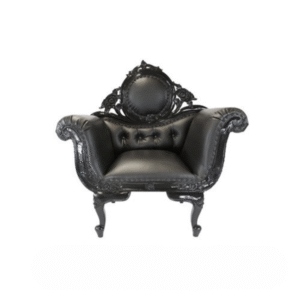 Prince Throne in sleek black vinyl with a tall tufted back for bold and modern event seating