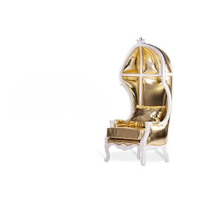 Majesty Throne in gold with tufted white back and ornate detailing for regal event seating