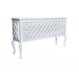 White Tufted Victorian bar rental with upholstered finish by Lounge Appeal