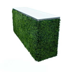 Hedge martini bar rental with faux greenery and elegant bar top for outdoor and garden-themed events